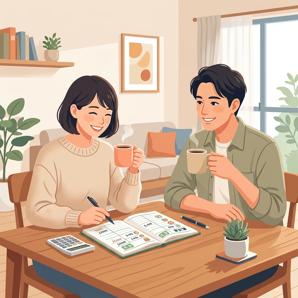 笑顔の共働き夫婦が家計簿を見ながらリラックスしている様子