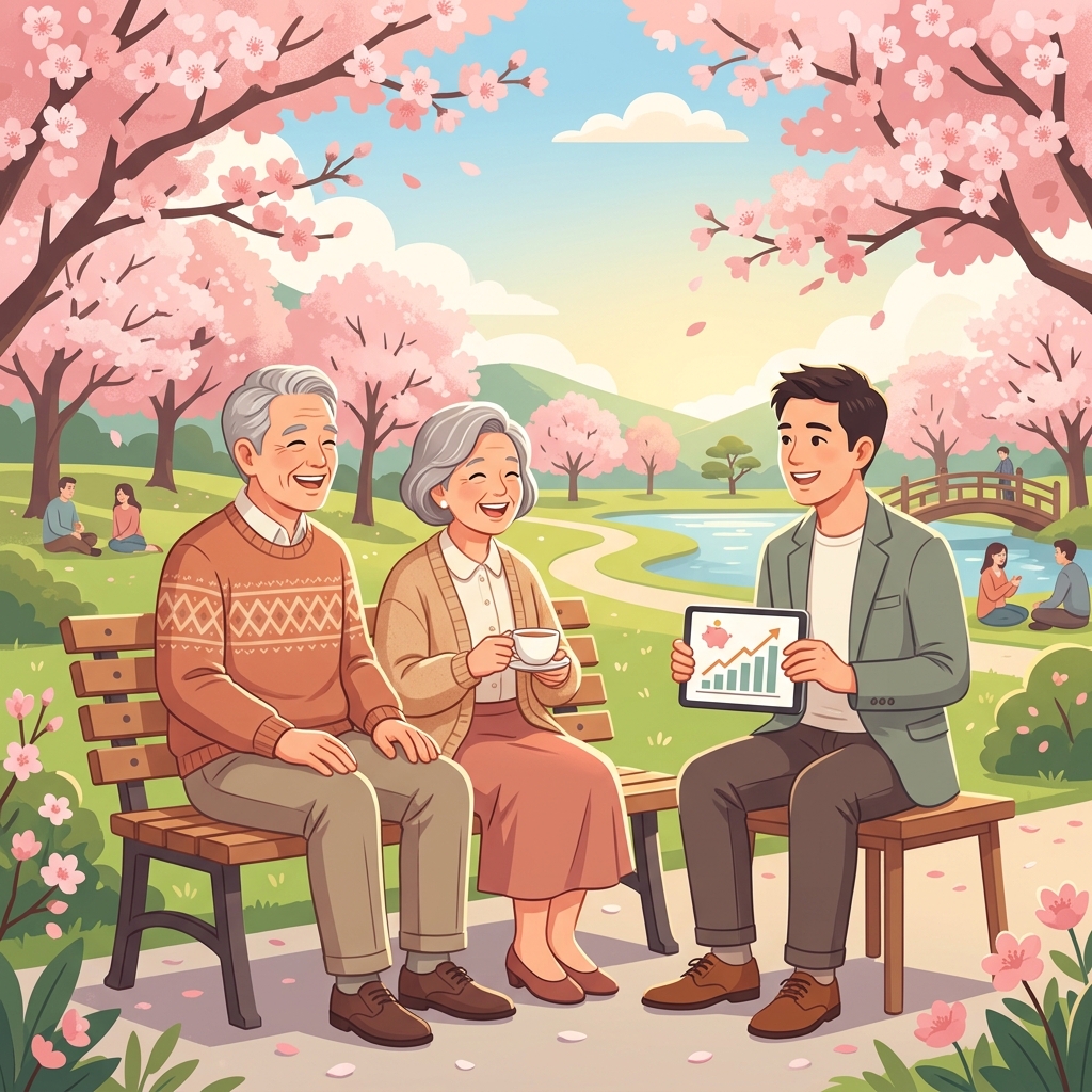 美しい桜の咲く公園のベンチで笑顔で話すシニア夫婦と若いファイナンシャルプランナー