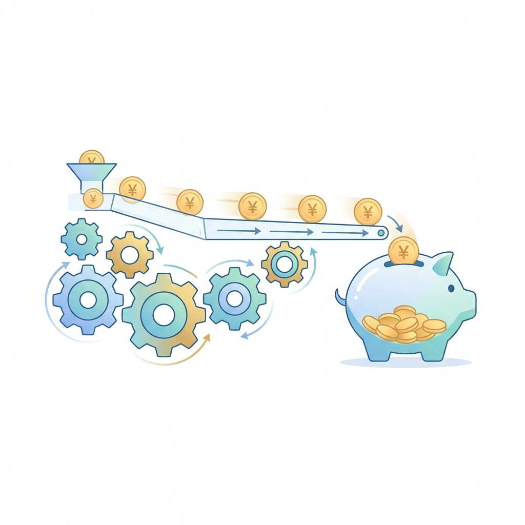 歯車が回り自動的にお金が貯まる仕組みを表現したミニマルなイラスト