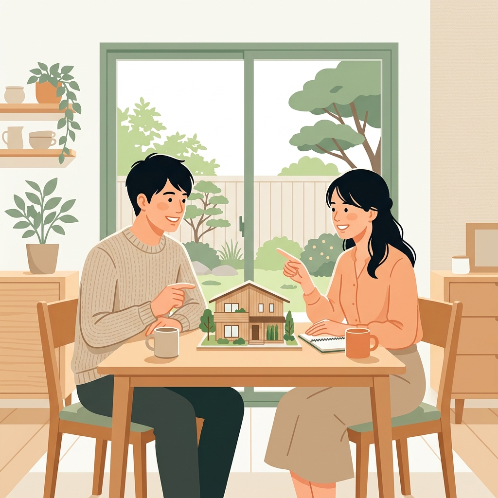 住宅模型を前に笑顔で話し合う共働き夫婦のイラスト