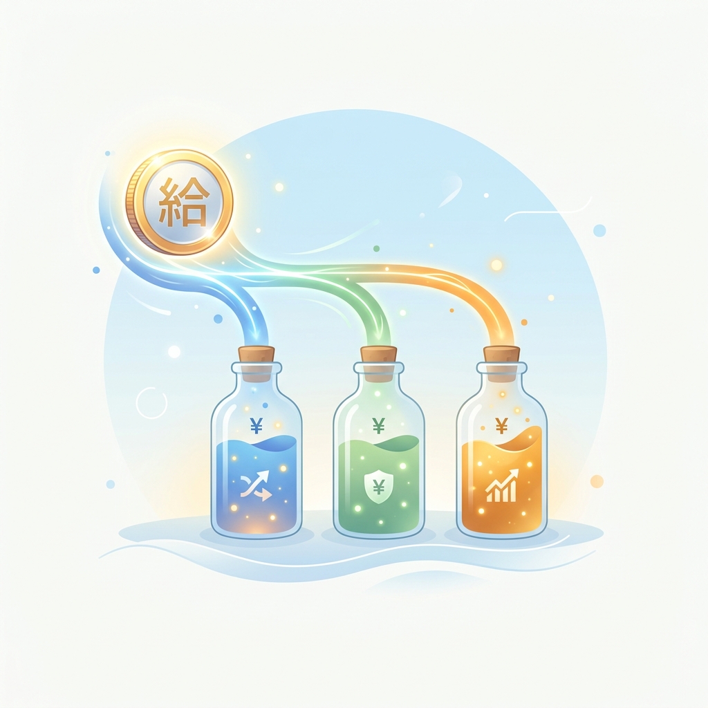 1つのコインが3つのボトル（使う・とっておく・増やす）に振り分けられる抽象的なイラスト